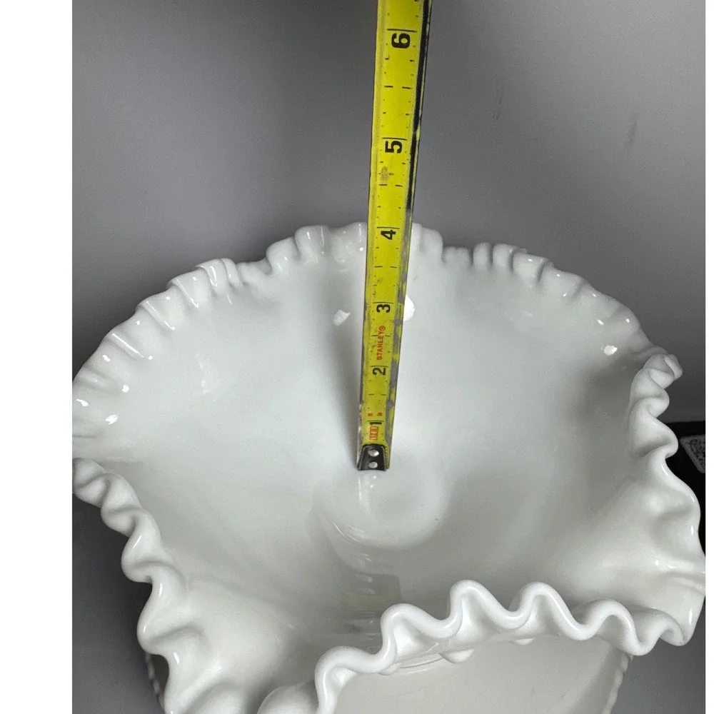 Vintage White Milk Glass Ruffled Pedestal Bowl / Compote – Hobnail Detail